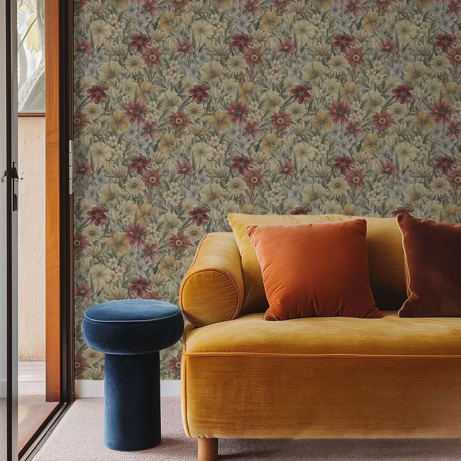 Шпалери Вінтажна галявина цвіте теплими жовтими, червоними та салатовими кольорами a00906