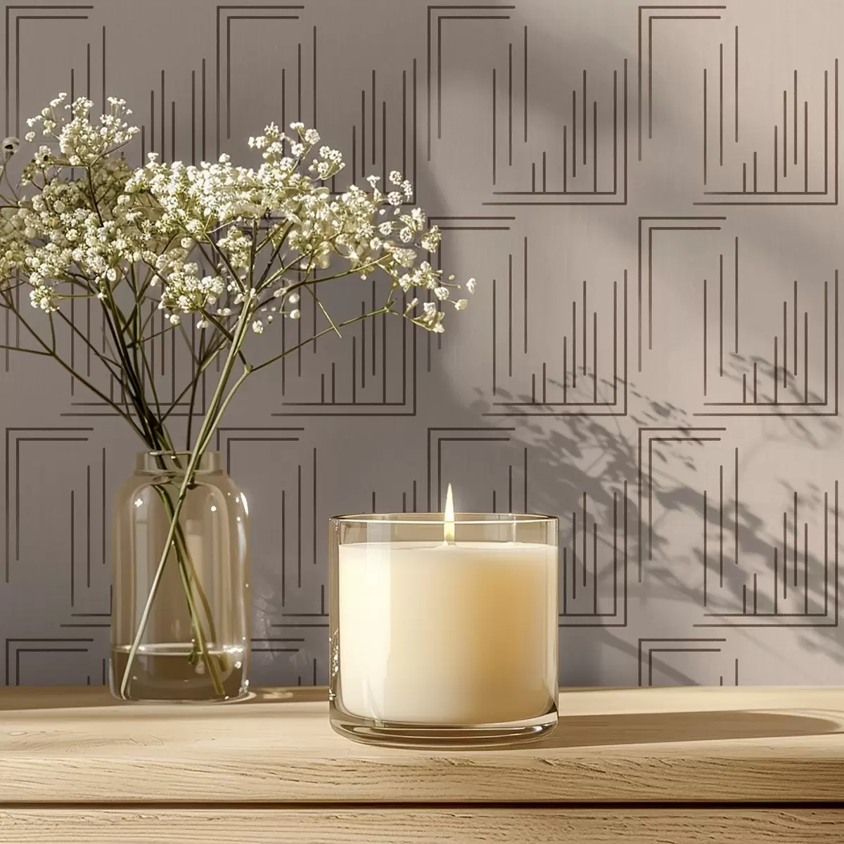 Шпалери Какао лінійні кутові квадрати на теплій бежевій основі a00910