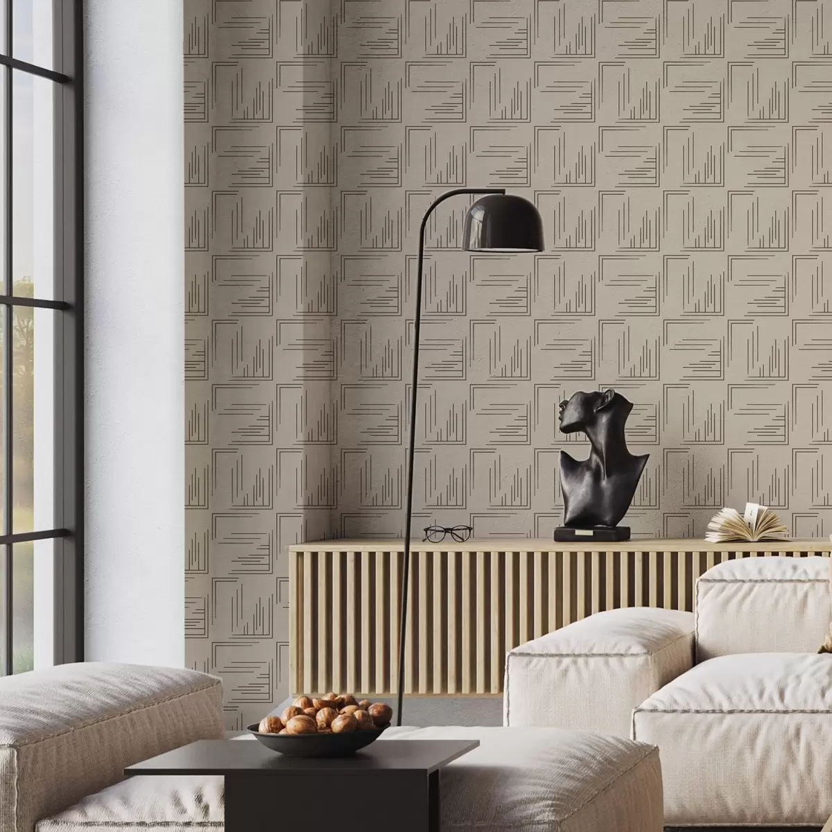 Шпалери Великі квадрати з какао з різноманітними лініями заповнення, пісок a00913