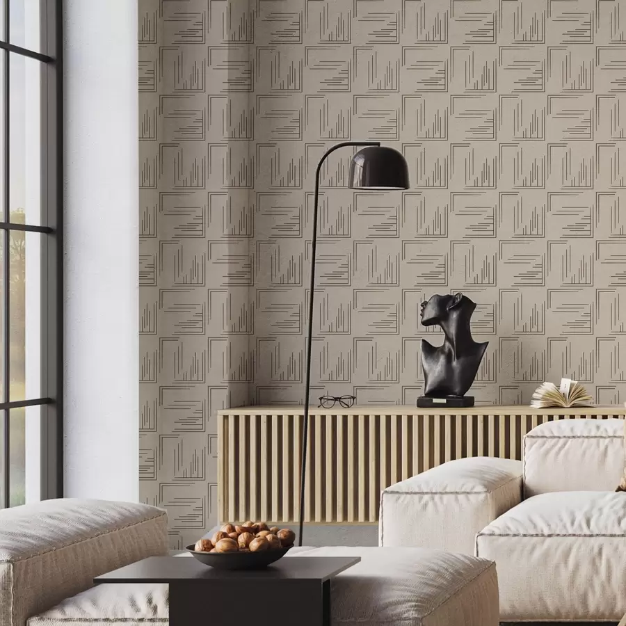 Шпалери Великі квадрати з какао з різноманітними лініями заповнення, пісок a00913