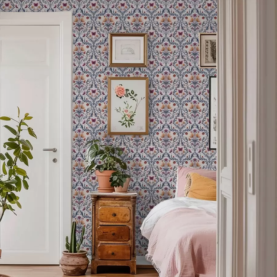 Шпалери Квітковий дамаск з метеликами в темно-синьому і теракотовому кольорах на білому тлі a00926v1