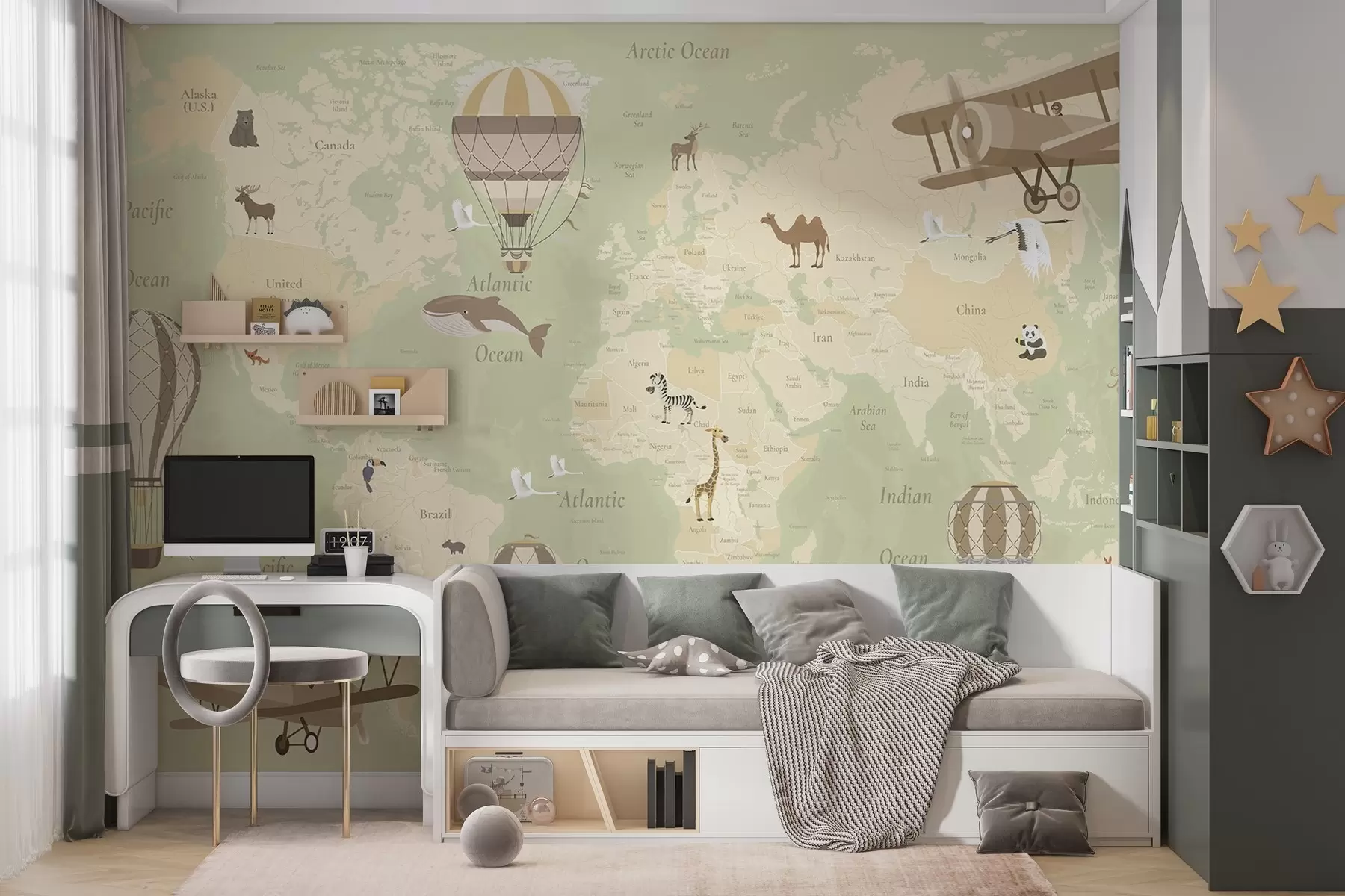 Шпалери Карта світу для дітей із зображеннями тварин, літаків та повітряних куль. Англійська мова. Зелений колір. c00003env2