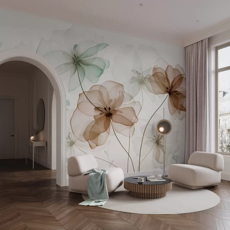 Шпалери Напівпрозорі квіти з коричневими та зеленими пелюстками, довгі стебла, світлий фон, ніжні кольори, текстурований квітковий дизайн w09529