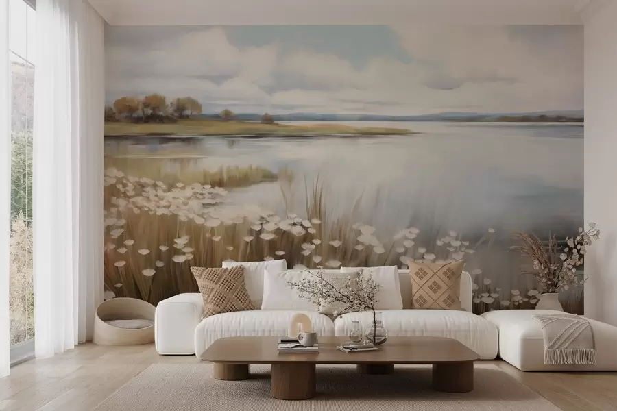 Шпалери Текстурований пейзаж, поле білих квітів і високої трави, озеро на задньому плані, трав'янистий пагорб з деревами, м'які кольори w09530