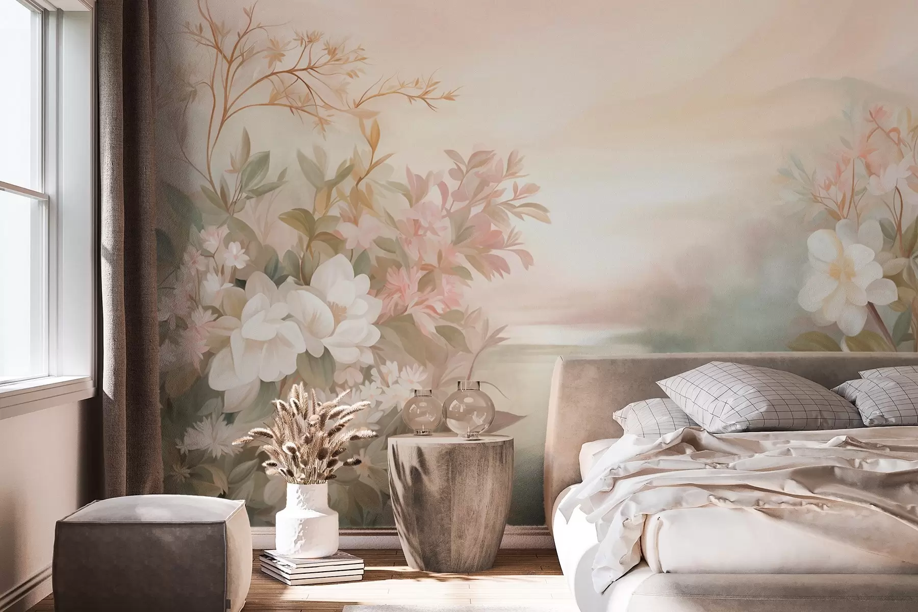 Шпалери Пейзаж з річкою, оточеною квітами та рослинами, м'які кольори, рожеве небо, акварельний текстурований стиль w09537