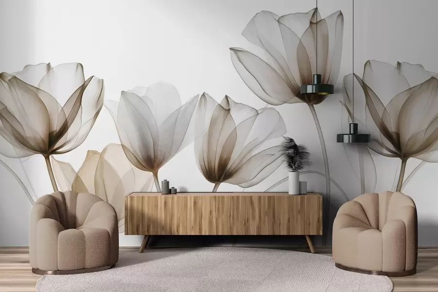 Шпалери Напівпрозорі коричневі та білі квіти тюльпанів з довгими стеблами на світлому тлі, ніжне та фактурне квіткове мистецтво w09538v1