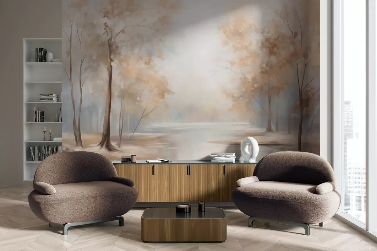 Шпалери Осінній текстурований пейзаж з деревами та річкою, м'які кольори, легка та повітряна атмосфера, спокійна та тиха сцена w09541