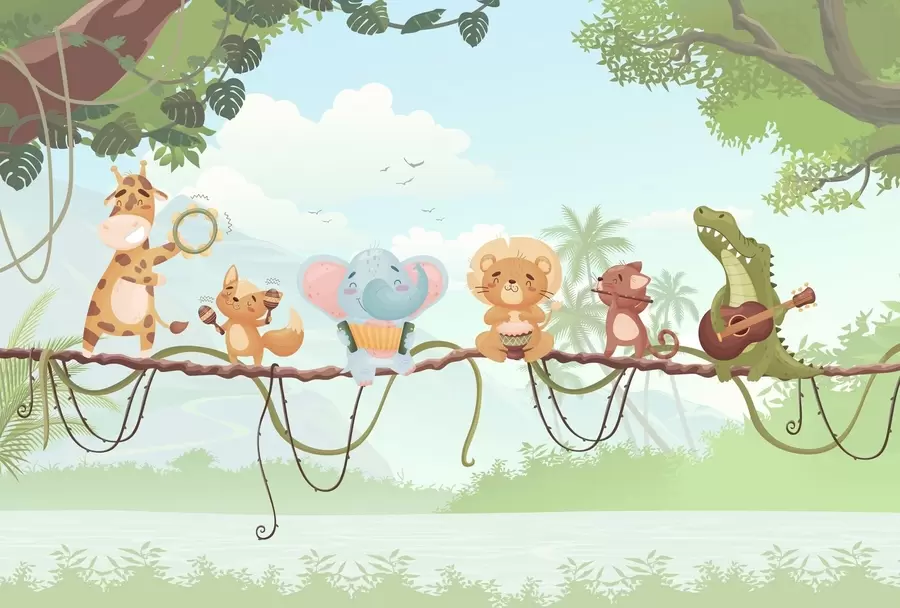 Шпалери Тварини з музичними інструментами на тлі тропічного пейзажу w04505