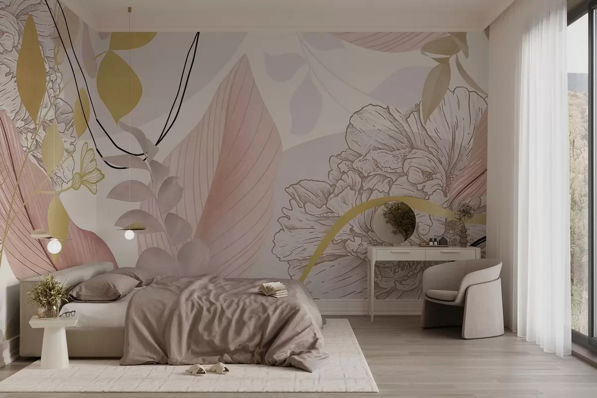 Шпалери Абстрактний квітковий принт з великими листям у відтінках приглушеного рожевого, жовтого з тонкими чорними лініями та білими квітковими контурами w09544v1