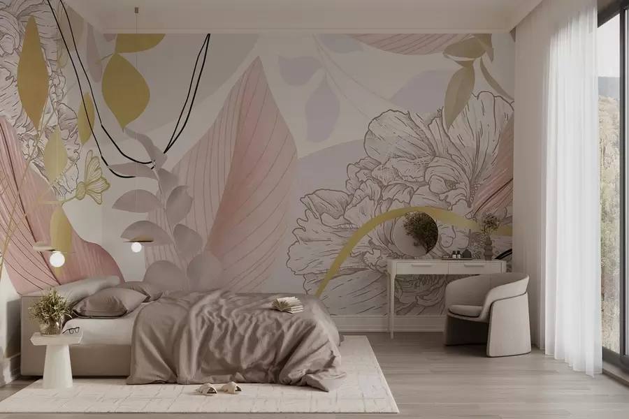 Шпалери Абстрактний квітковий принт з великими листям у відтінках приглушеного рожевого, жовтого з тонкими чорними лініями та білими квітковими контурами w09544v1