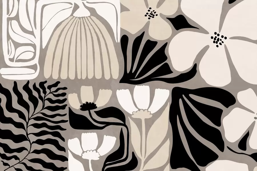 Шпалери Сучасні мінімалістичні стилізовані квіти та листя в бежевому, чорному та білому кольорах, текстуровані на сірому тлі w09547