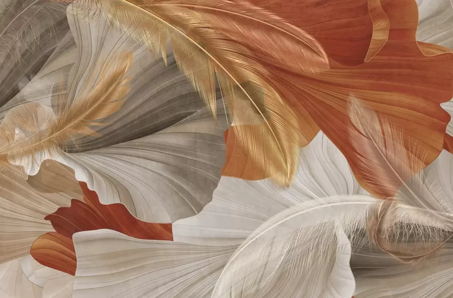 Шпалери Абстрактні текстуровані великі плавні форми кремового та іржавого кольорів з ніжними жовтими, бежевими та коричневими пір'їнами w09549