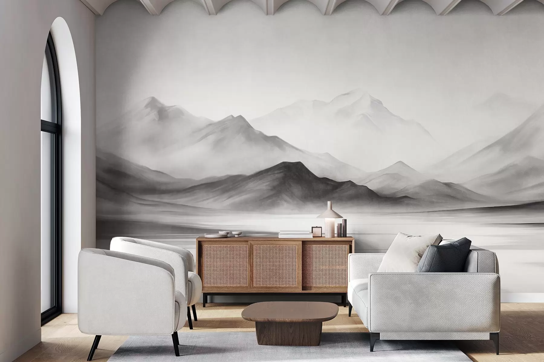 Шпалери Монохромний текстурований пейзаж із туманними горами та озером на передньому плані w09555