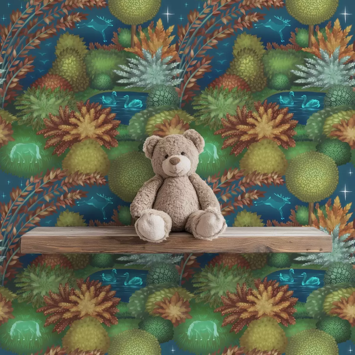 Шпалери Казковий нічний сад з озером і світящимися тваринами a00851