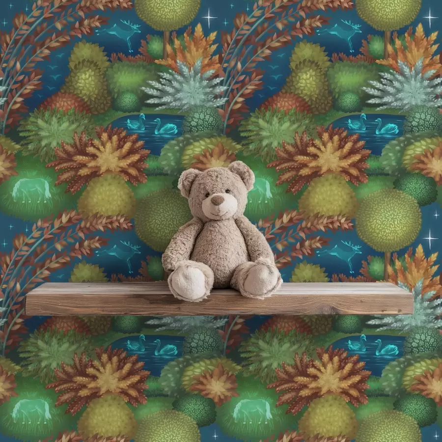 Шпалери Казковий нічний сад з озером і світящимися тваринами a00851