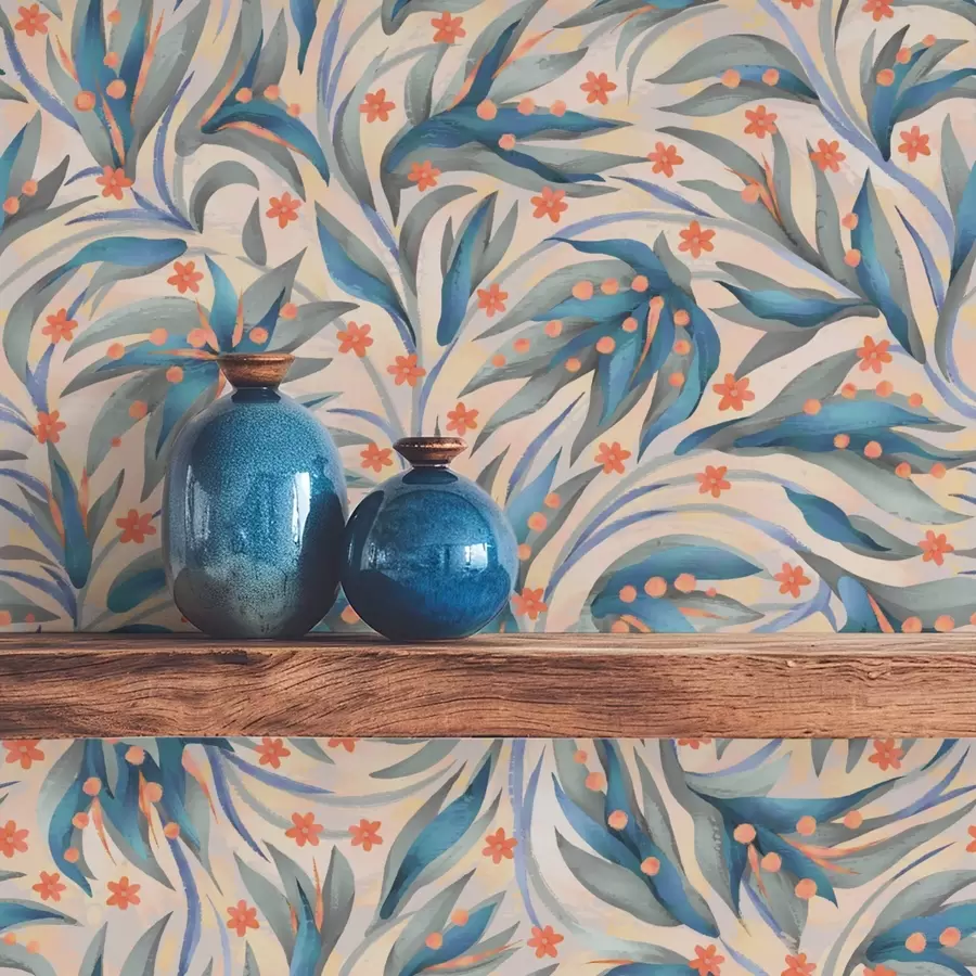 Шпалери Абстрактне блакитне листя з кораловими квітами a00852