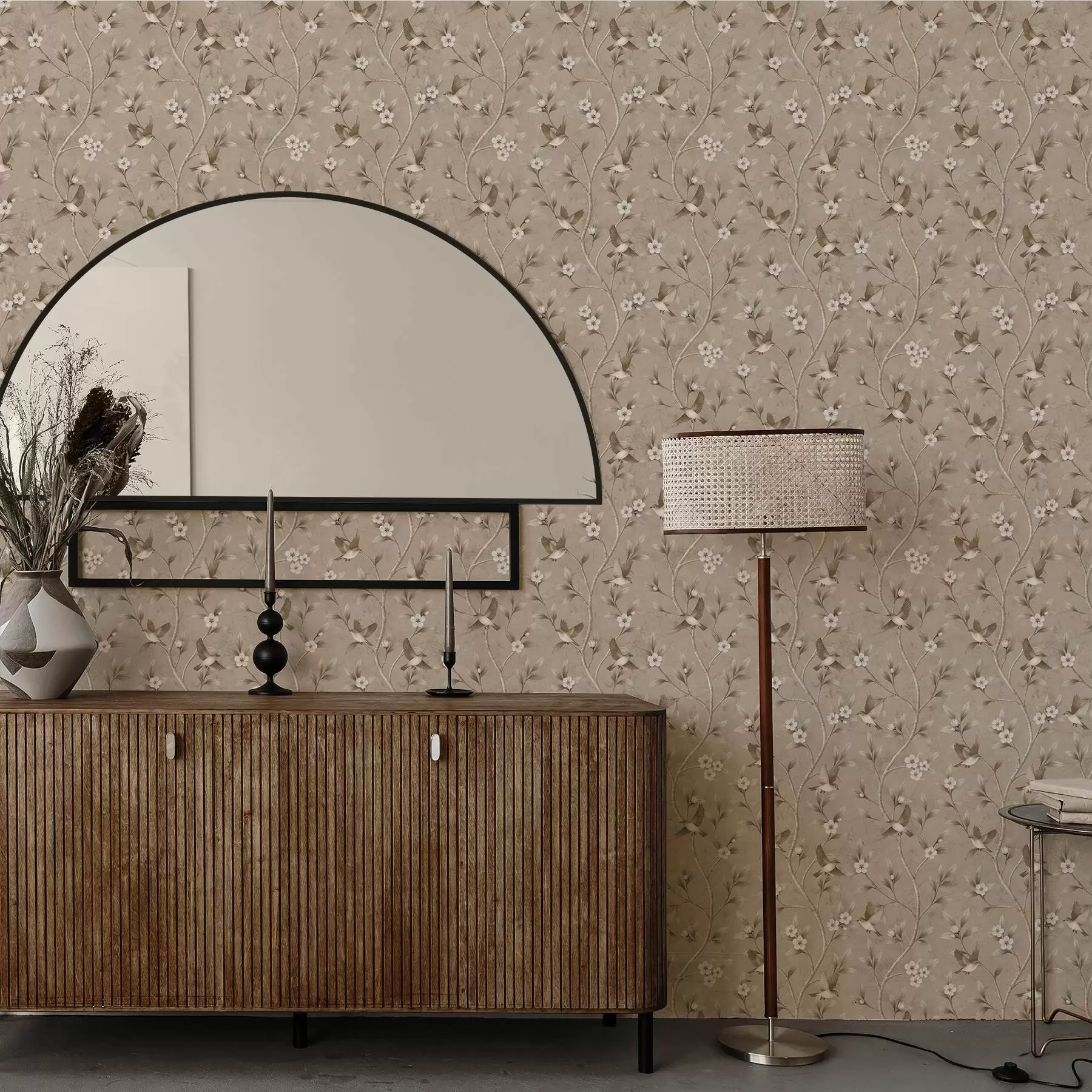 Шпалери Птахи та квітучі гілки в теплих сепійних тонах a00882