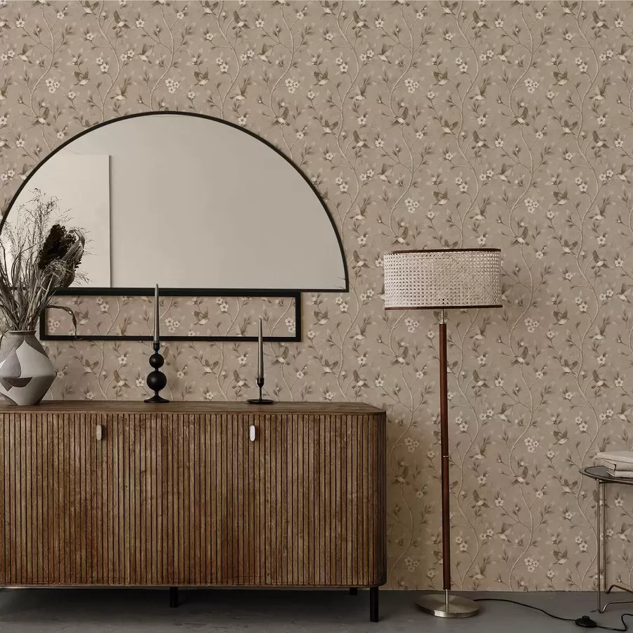 Шпалери Птахи та квітучі гілки в теплих сепійних тонах a00882