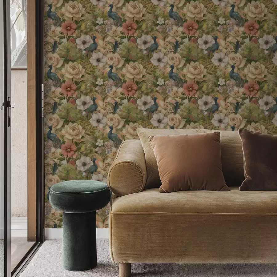 Шпалери Мальовничий сад з павичами та великими квітами a00885