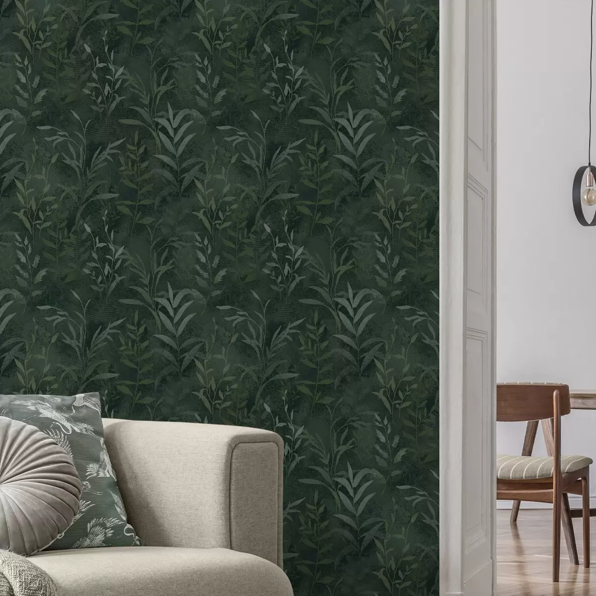Шпалери Темно-зелений фон з напівпрозорими гілками листя a00888