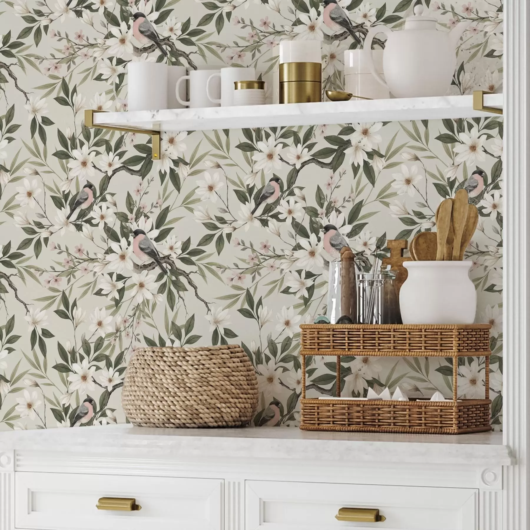 Шпалери Снігурі з білими грудками на гілках з кремовими квітами a00889