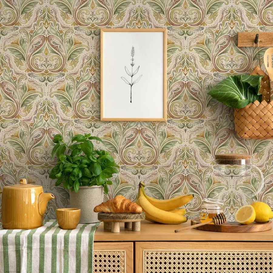 Шпалери Акварельні листяні завитки в зелених і теплих охристих тонах a00927