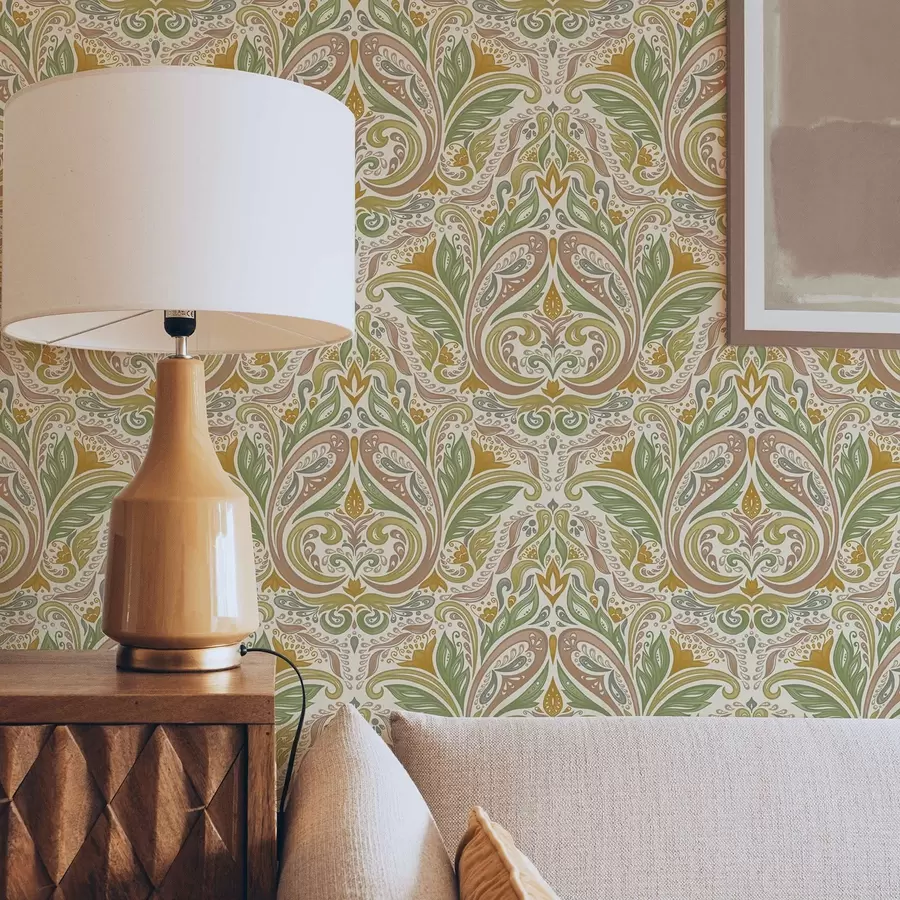 Шпалери Декоративні листяні завитки в зелених і теракотових тонах a00927v1