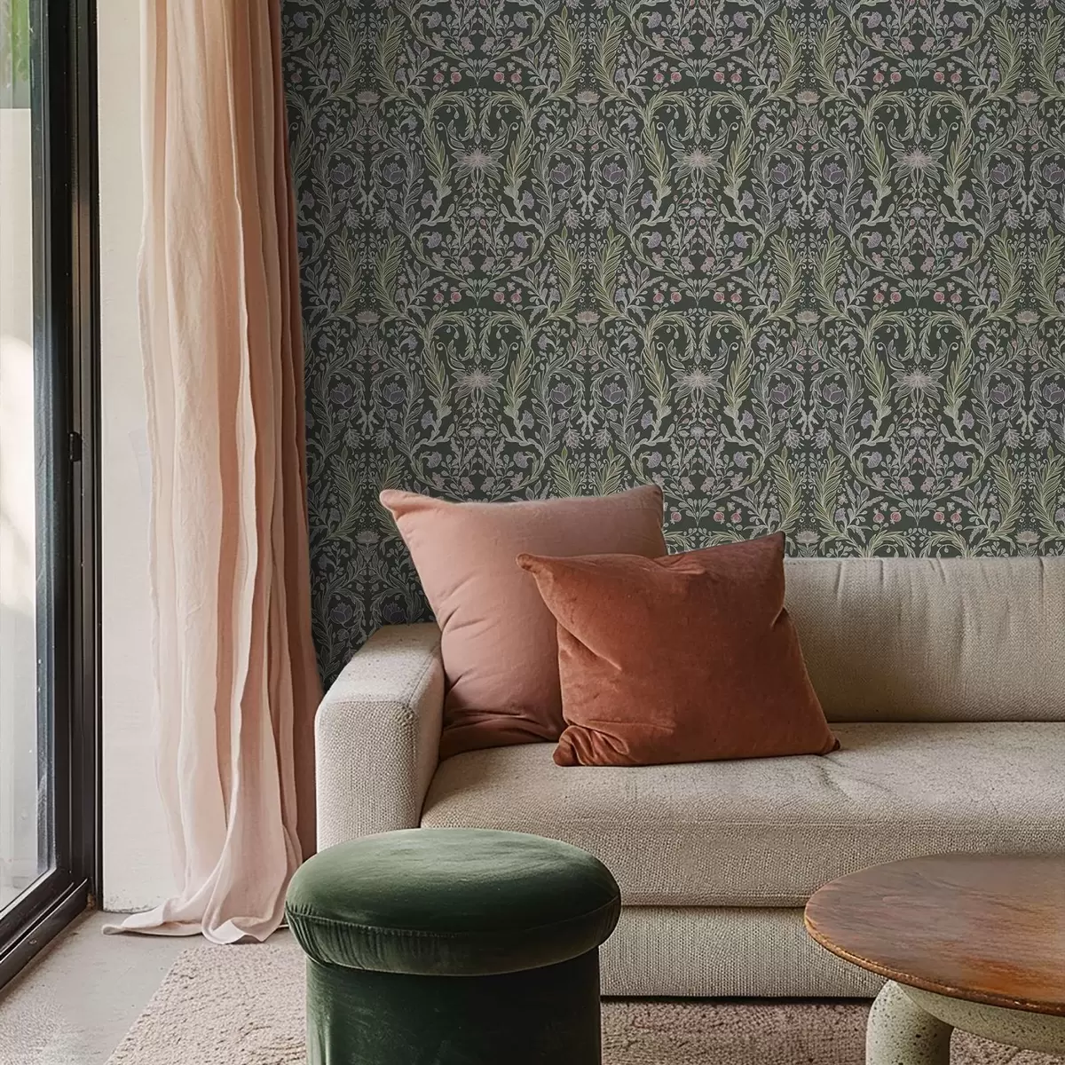 Шпалери Симетричний квітковий орнамент на темно-зеленому тлі a00928