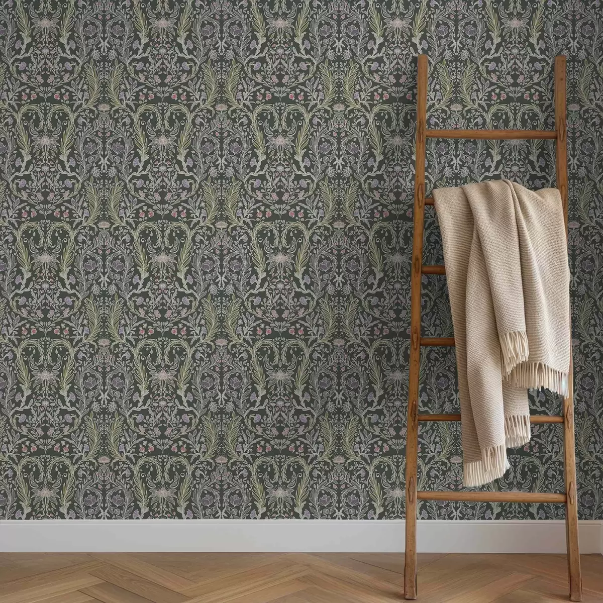 Шпалери Симетричний квітковий орнамент на темно-зеленому тлі a00928