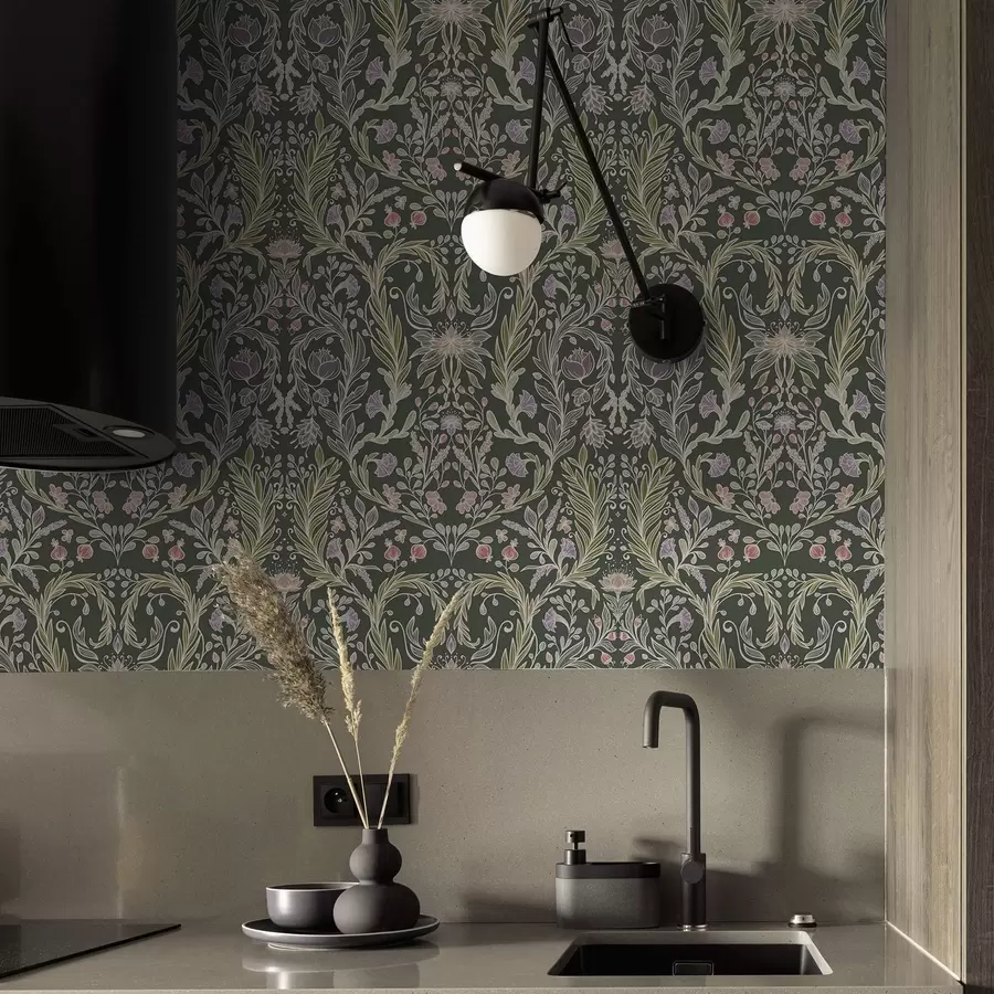 Шпалери Симетричний квітковий орнамент на темно-зеленому тлі a00928