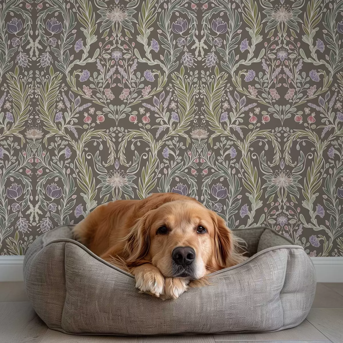 Шпалери Симетричні квіти та листя на коричнево-сірому тлі a00928v2