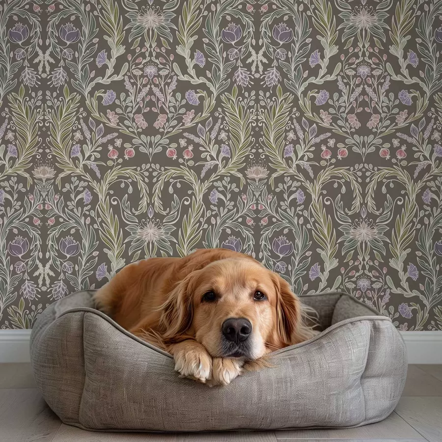 Шпалери Симетричні квіти та листя на коричнево-сірому тлі a00928v2