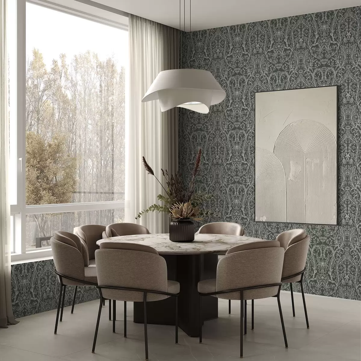 Шпалери Лінійний квітковий візерунок на темно-зеленому тлі a00929