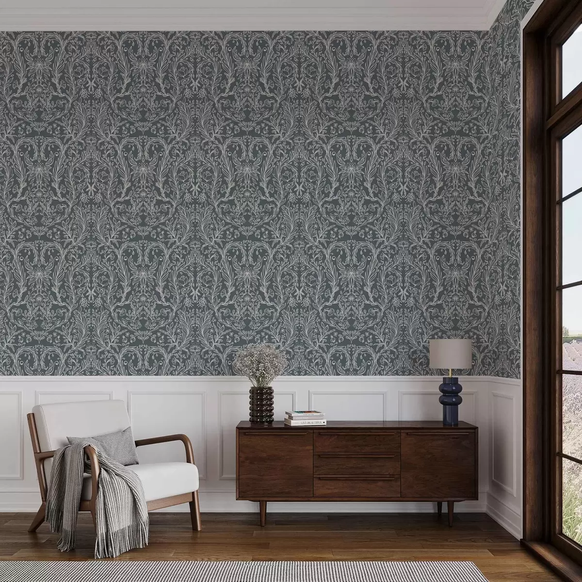 Шпалери Лінійний квітковий орнамент на синьо-сірому тлі a00929v1