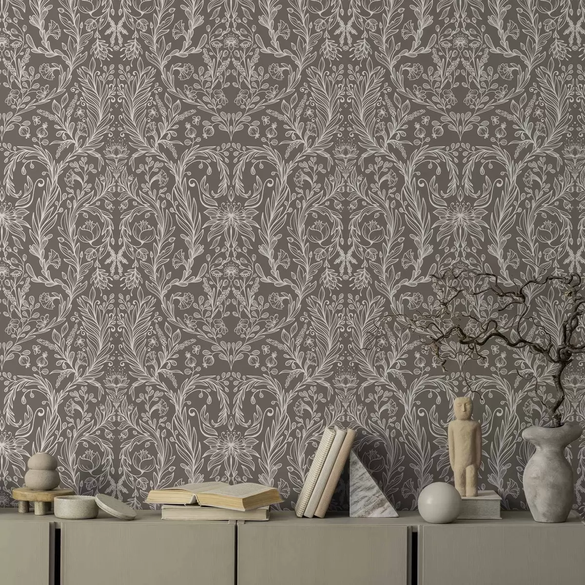 Шпалери Монохромний ботанічний візерунок на теплій коричневій основі a00929v2