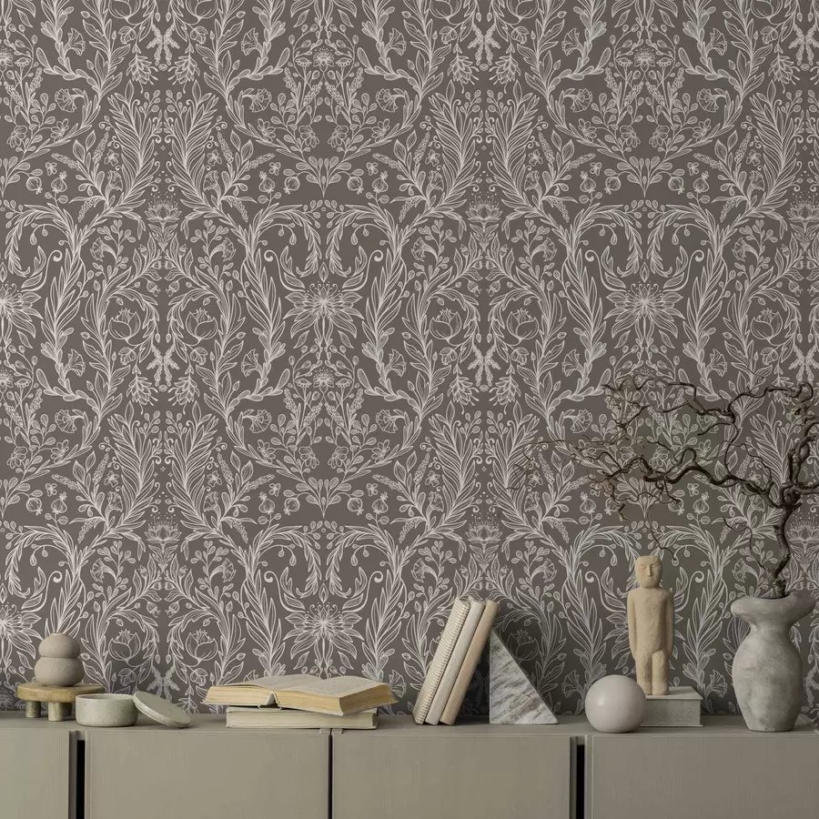 Шпалери Монохромний ботанічний візерунок на теплій коричневій основі a00929v2