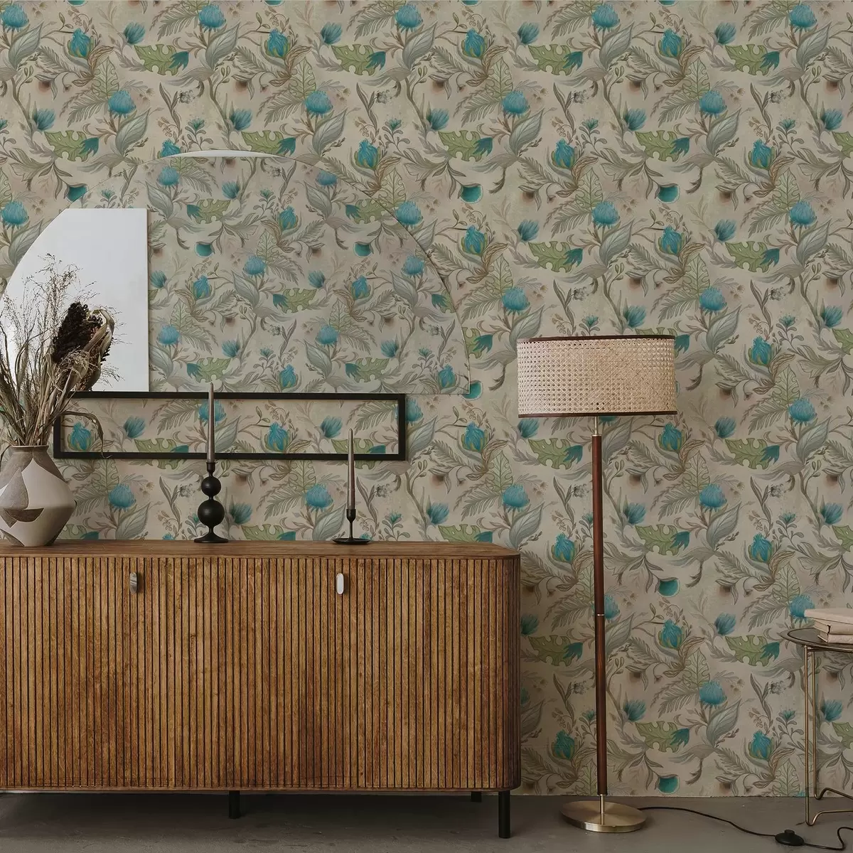Шпалери Блакитні бутони та листя на світло-бежевому тлі a00930