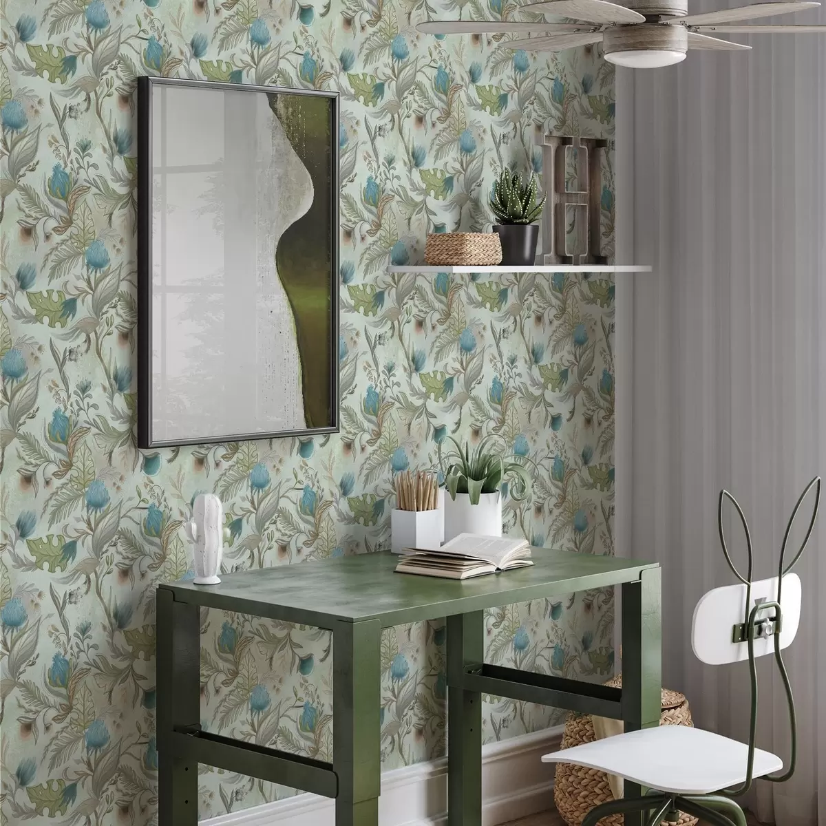 Шпалери Блакитні квіти та зелень на м'якому м'ятному тлі a00930v1