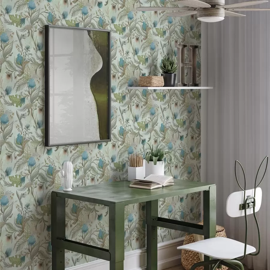 Шпалери Блакитні квіти та зелень на м'якому м'ятному тлі a00930v1