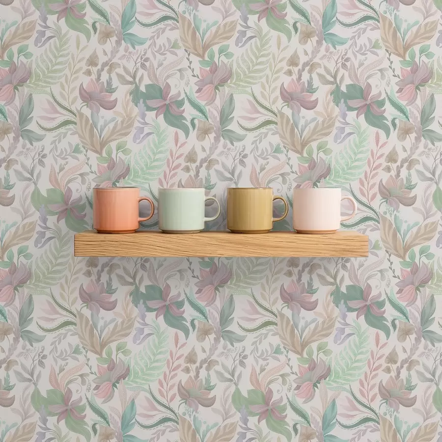 Шпалери Ніжні пастельні квіти та листя на світлому тлі a00931