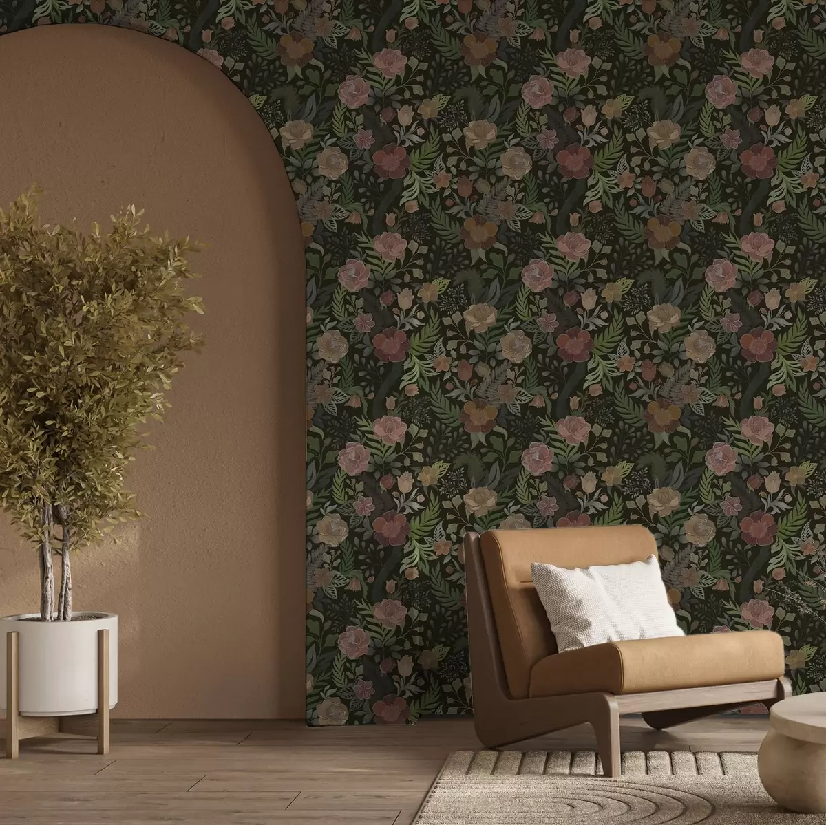 Шпалери Багаті квіти та зелень на глибокому темному тлі a00932