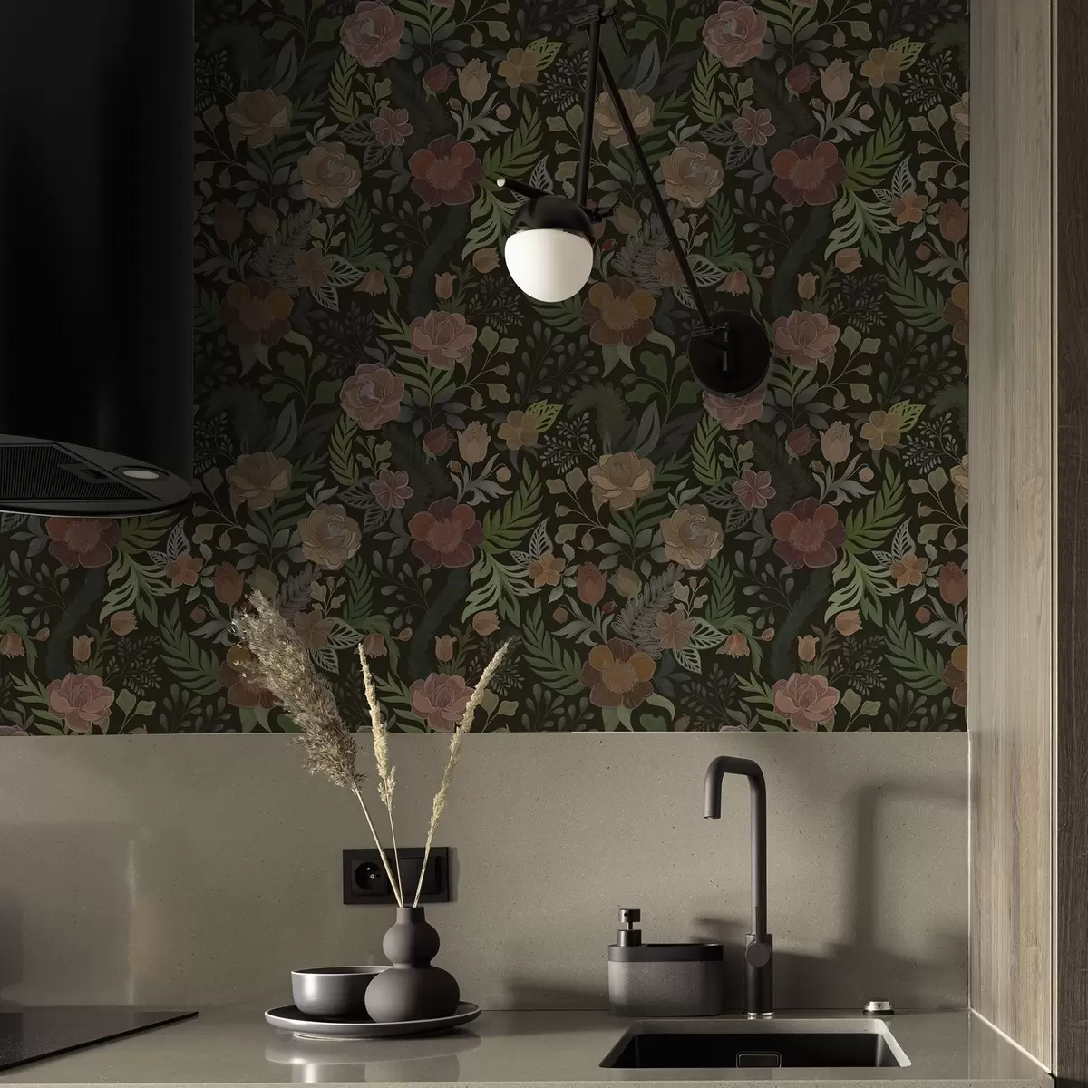 Шпалери Багаті квіти та зелень на глибокому темному тлі a00932