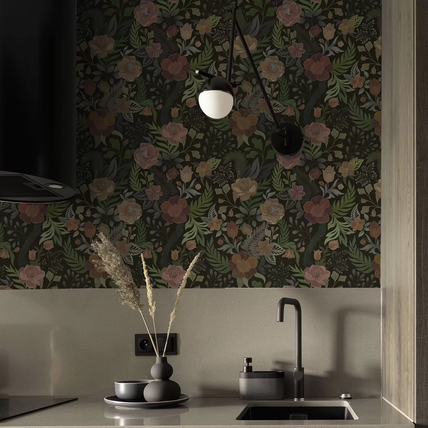 Шпалери Багаті квіти та зелень на глибокому темному тлі a00932