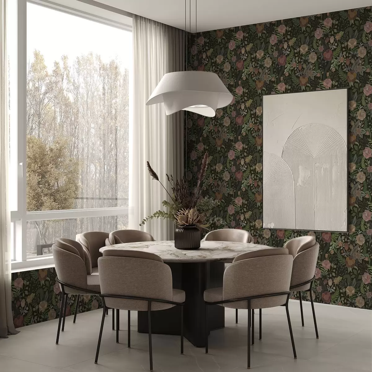 Шпалери Багаті квіти та зелень на глибокому темному тлі a00932