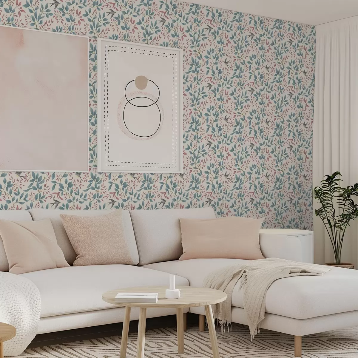 Шпалери Сині та рожеві гілки з птахами на кремовому тлі a00933