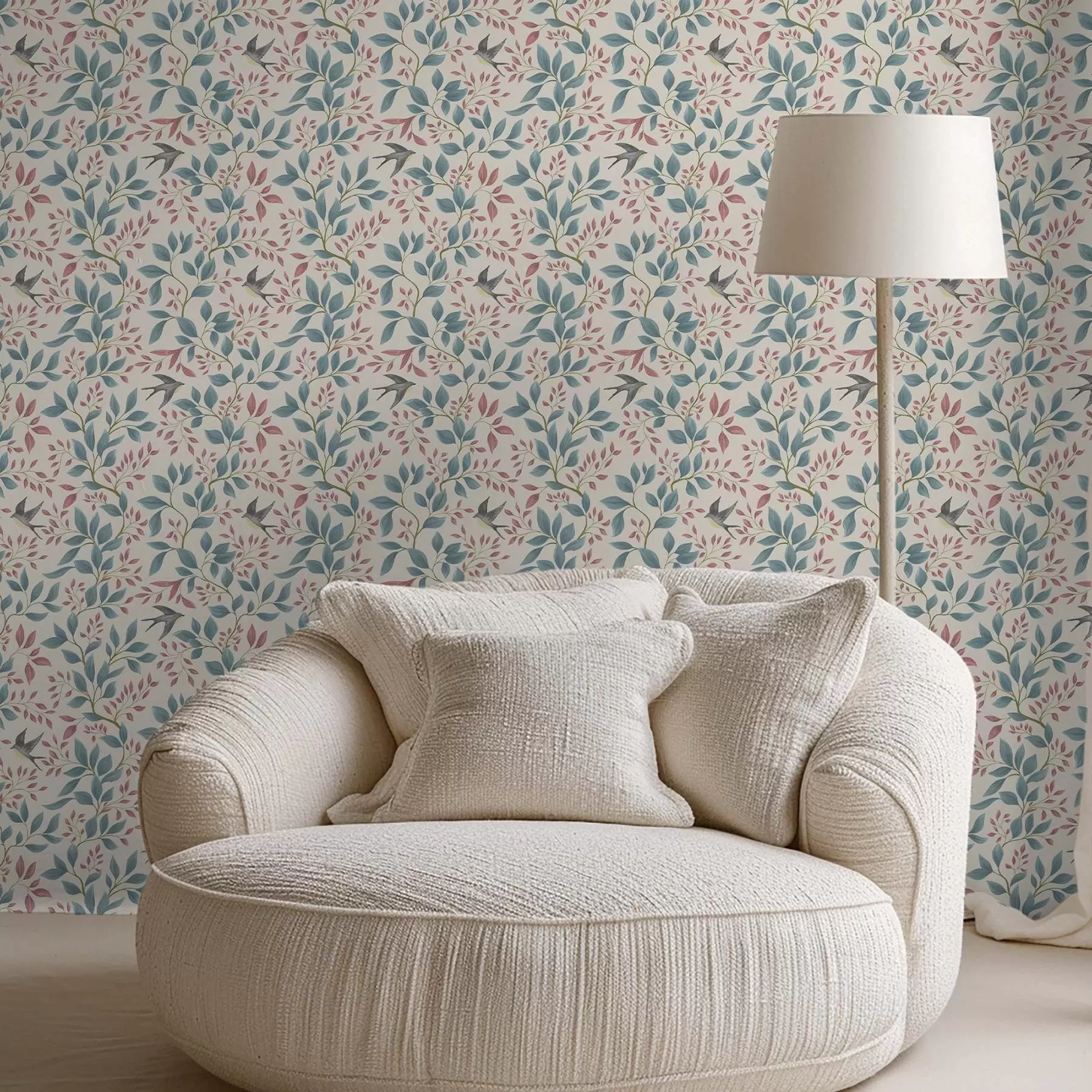 Шпалери Сині та рожеві гілки з птахами на кремовому тлі a00933