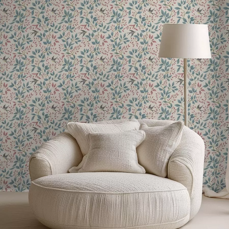 Шпалери Сині та рожеві гілки з птахами на кремовому тлі a00933