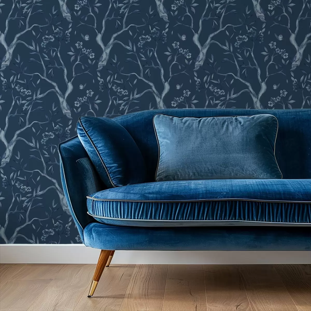 Шпалери Блакитні квітучі гілки з метеликами на темному тлі a00951v1