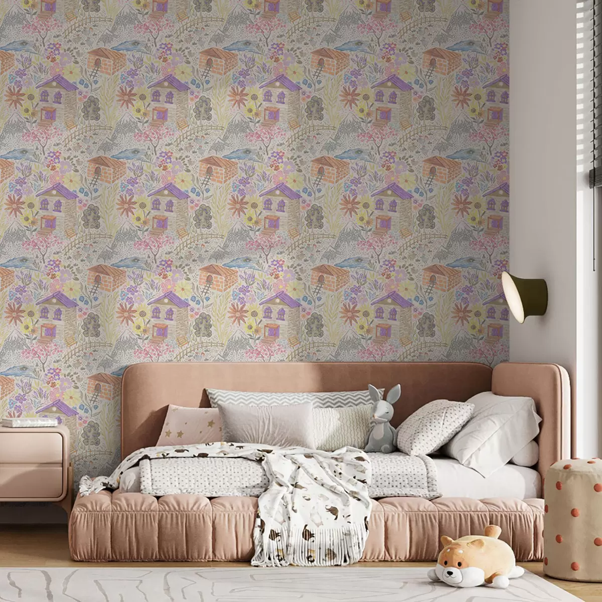 Шпалери Дитячий малюнок села з будинком, горами та квітами a00952