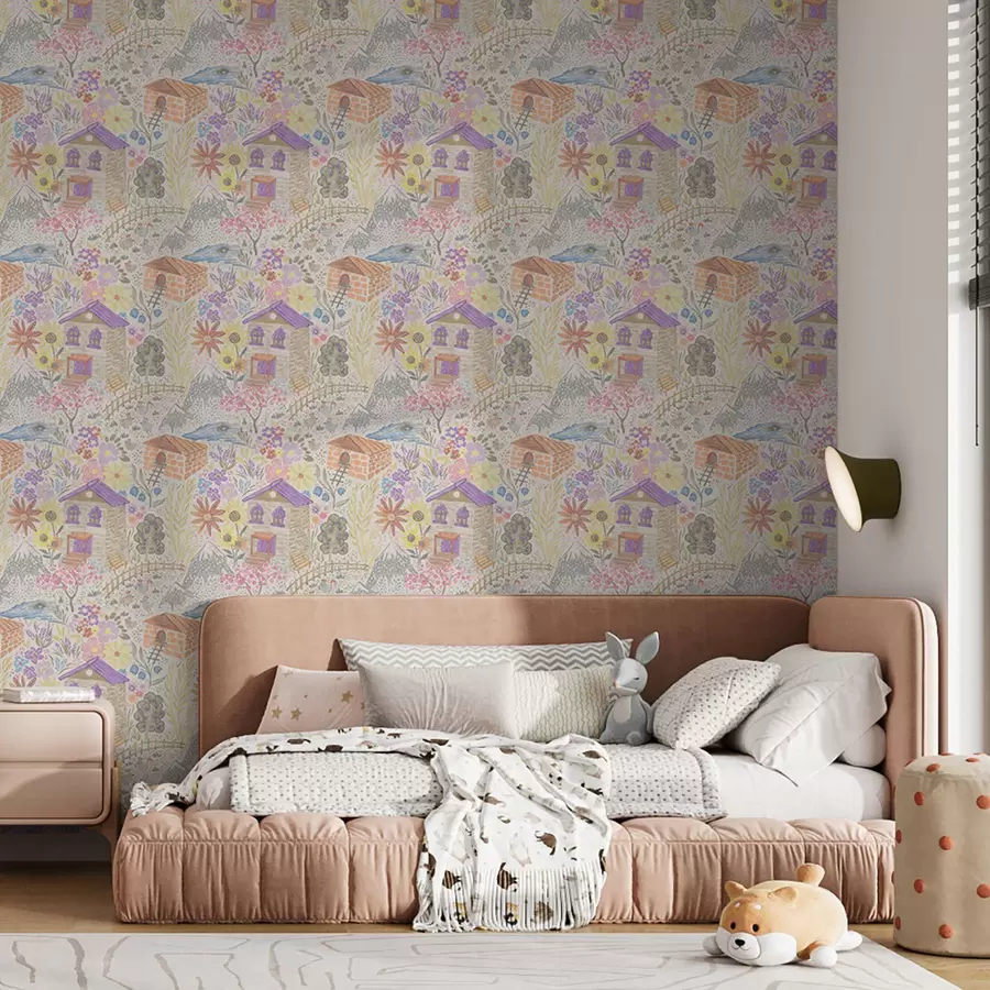 Шпалери Дитячий малюнок села з будинком, горами та квітами a00952